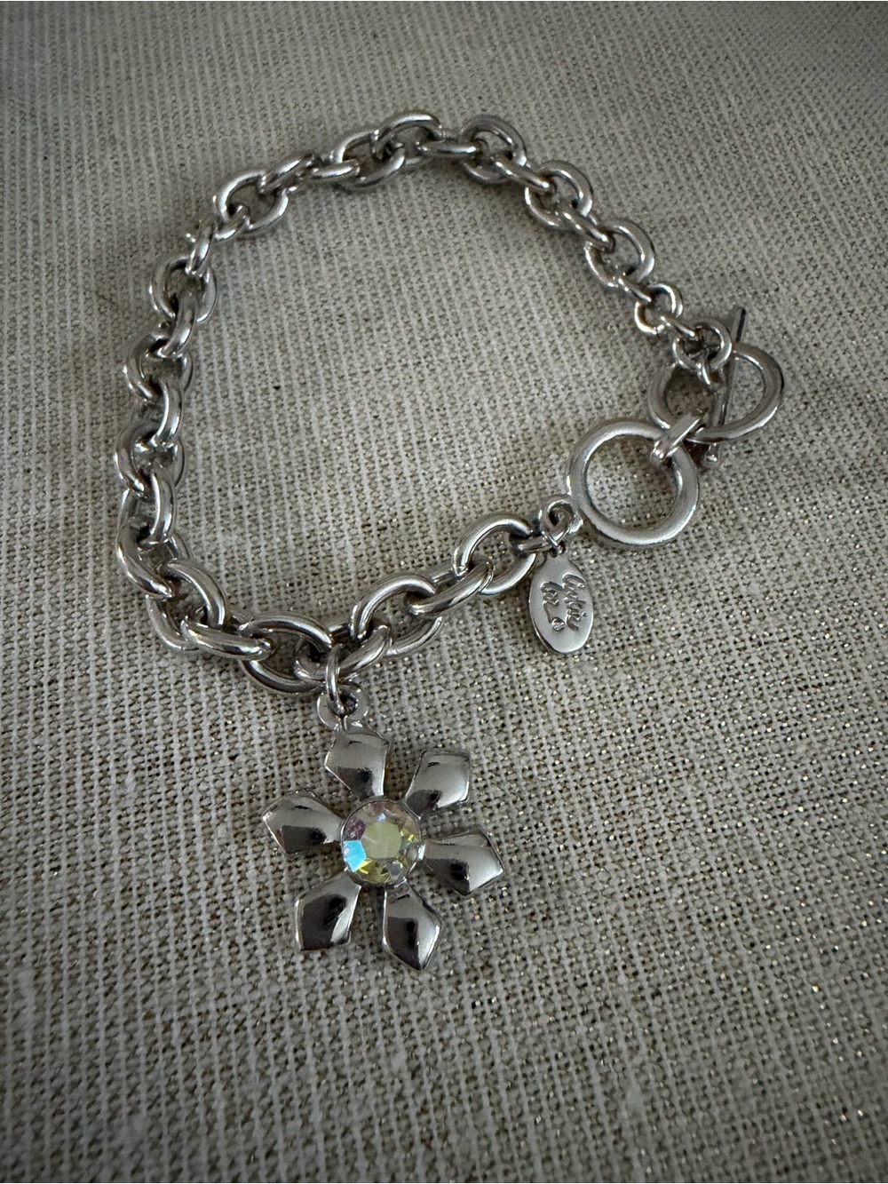 Silver Flower Charm Bracelet with Aurora Crystal